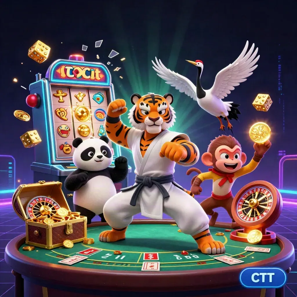 Kung-fu tiger, panda, and monkey amid glowing casino treasure, slots, cards, and neon energy.