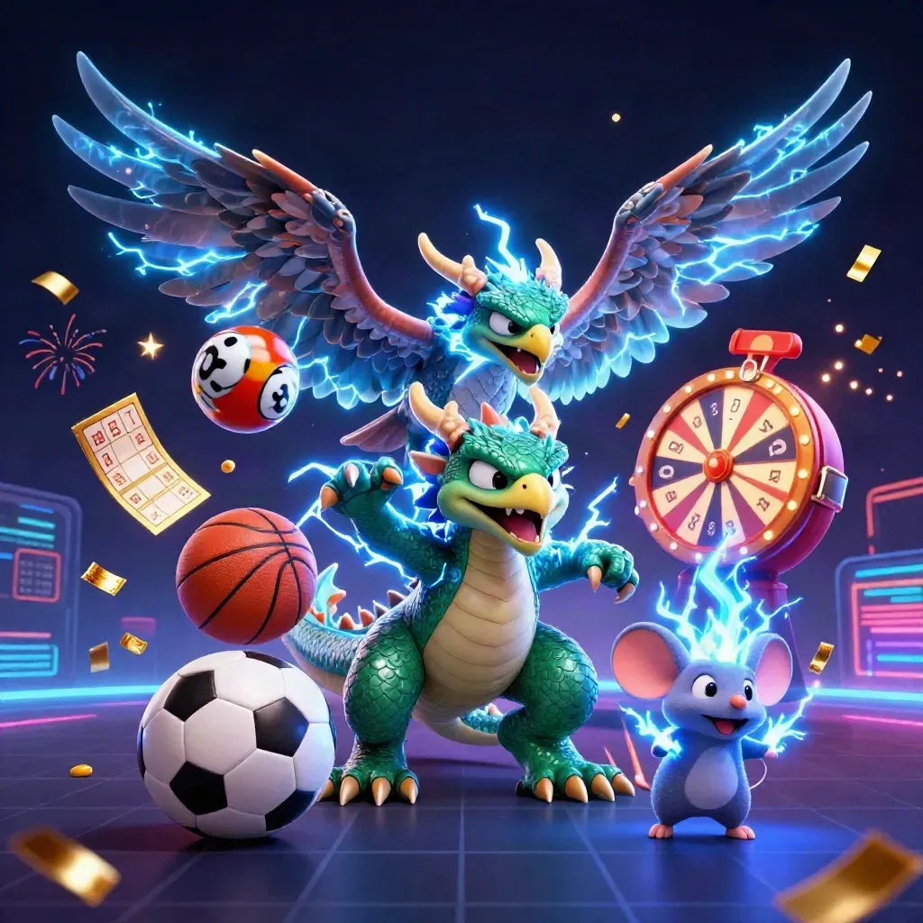 Neon fantasy sports burst with dragon, hawk, mouse, balls, confetti and casino glow.