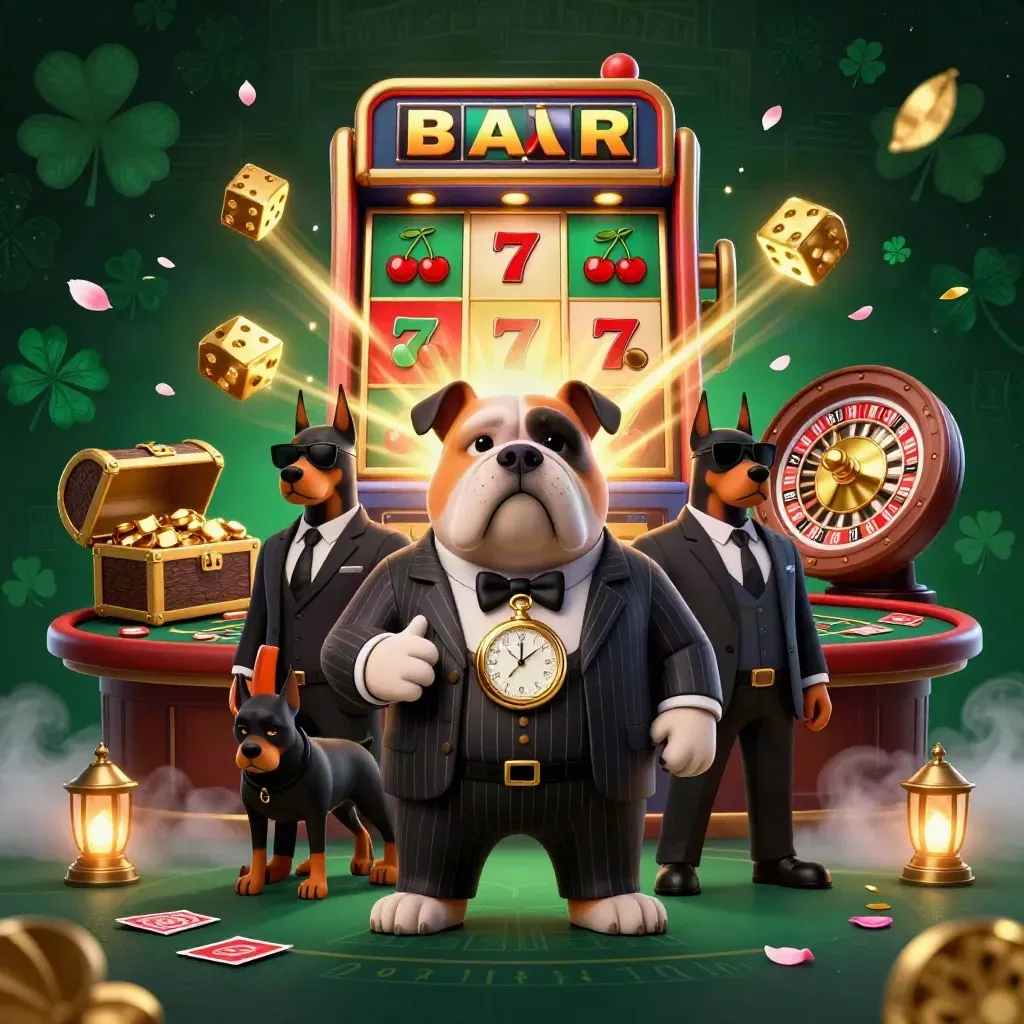 Bulldog mob boss and Doberman guards in a neon casino scene with slot machine, gold and fog.