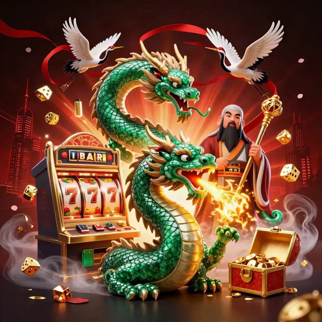 Emerald dragon, turtle sage and cranes amid jackpot slot bursts over a dark neon casino skyline.