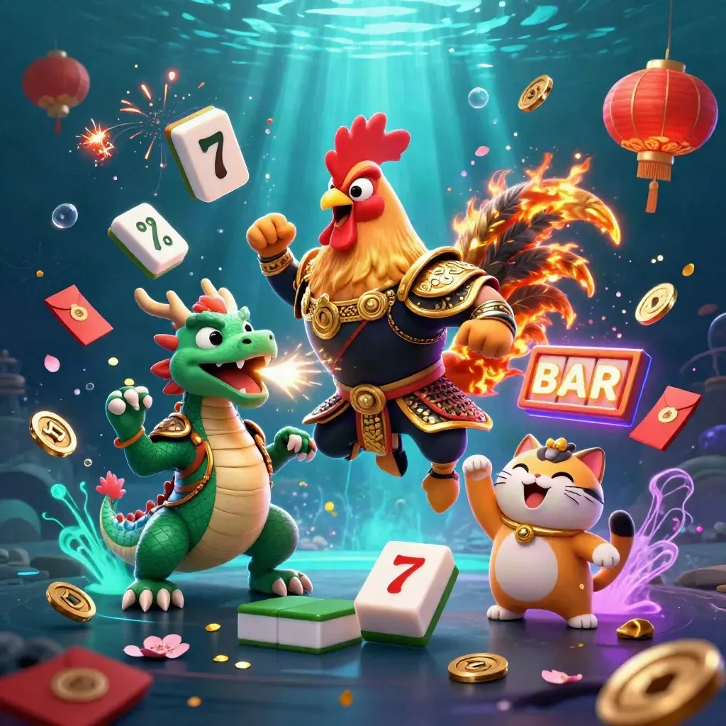 Rooster warrior, dragon hatchling, and fortune cat amid casino symbols in a neon underwater arena.