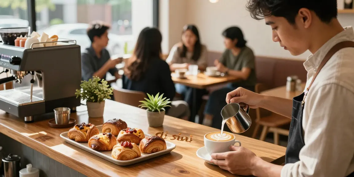 Delicious pastries and cozy coffee scene di sini showcasing inviting atmosphere and community.